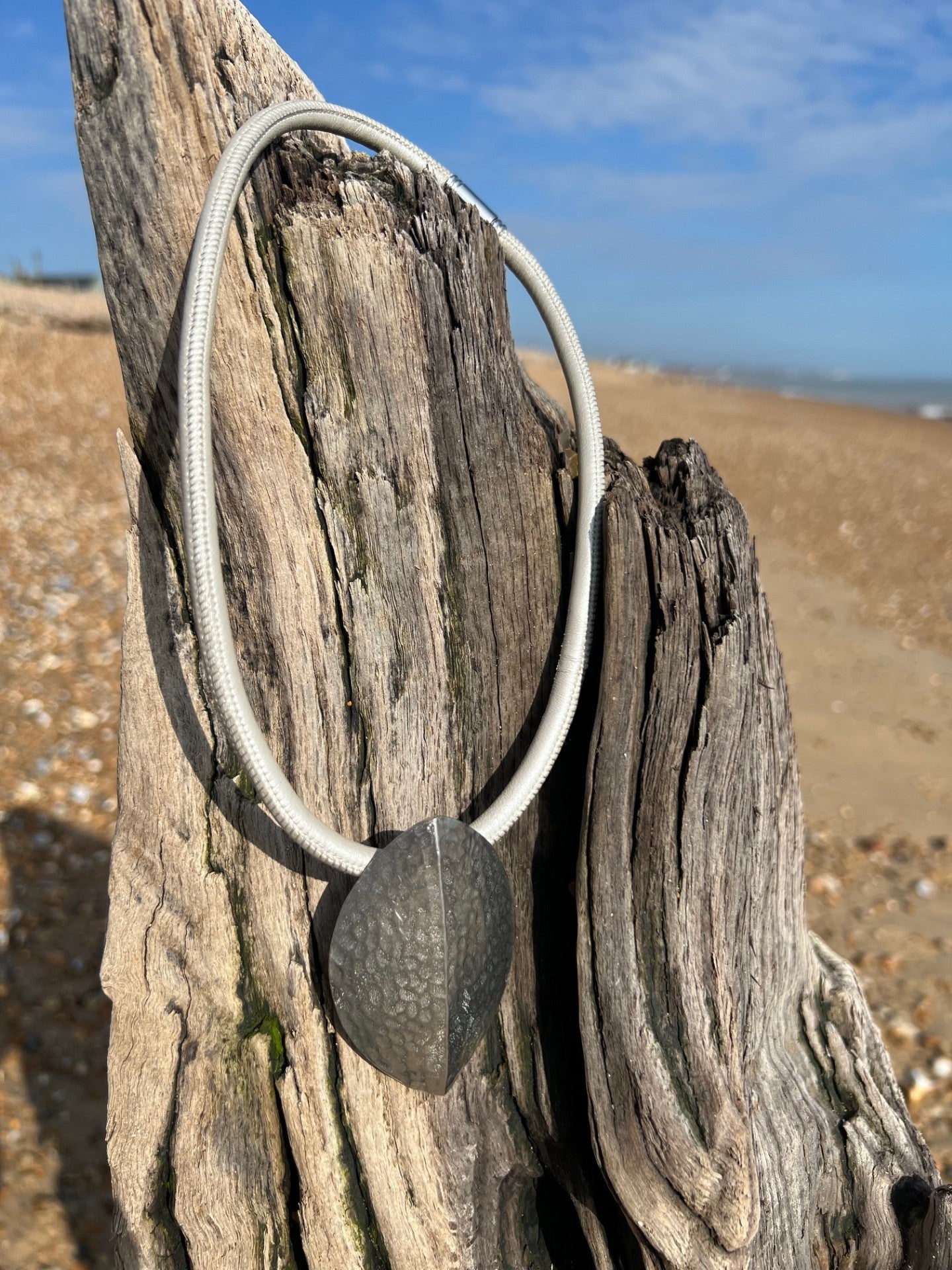 Shield Pendant Necklace Short - Light Grey Nappa Leather