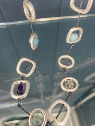 Elements Long Necklace - Grey Cord With Mixed Stones