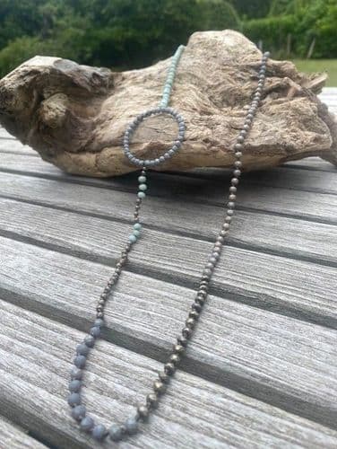 Lola Long Necklace - Grey & Aqua Green Blue