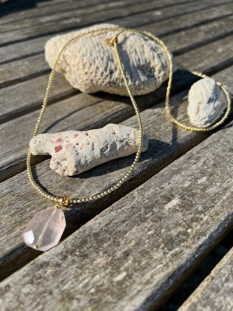 Mustique Necklace - Gold Hematite Bead With Rose Quartz