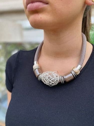 Clara Necklace Short - Taupe Cord With Ceramic Beads